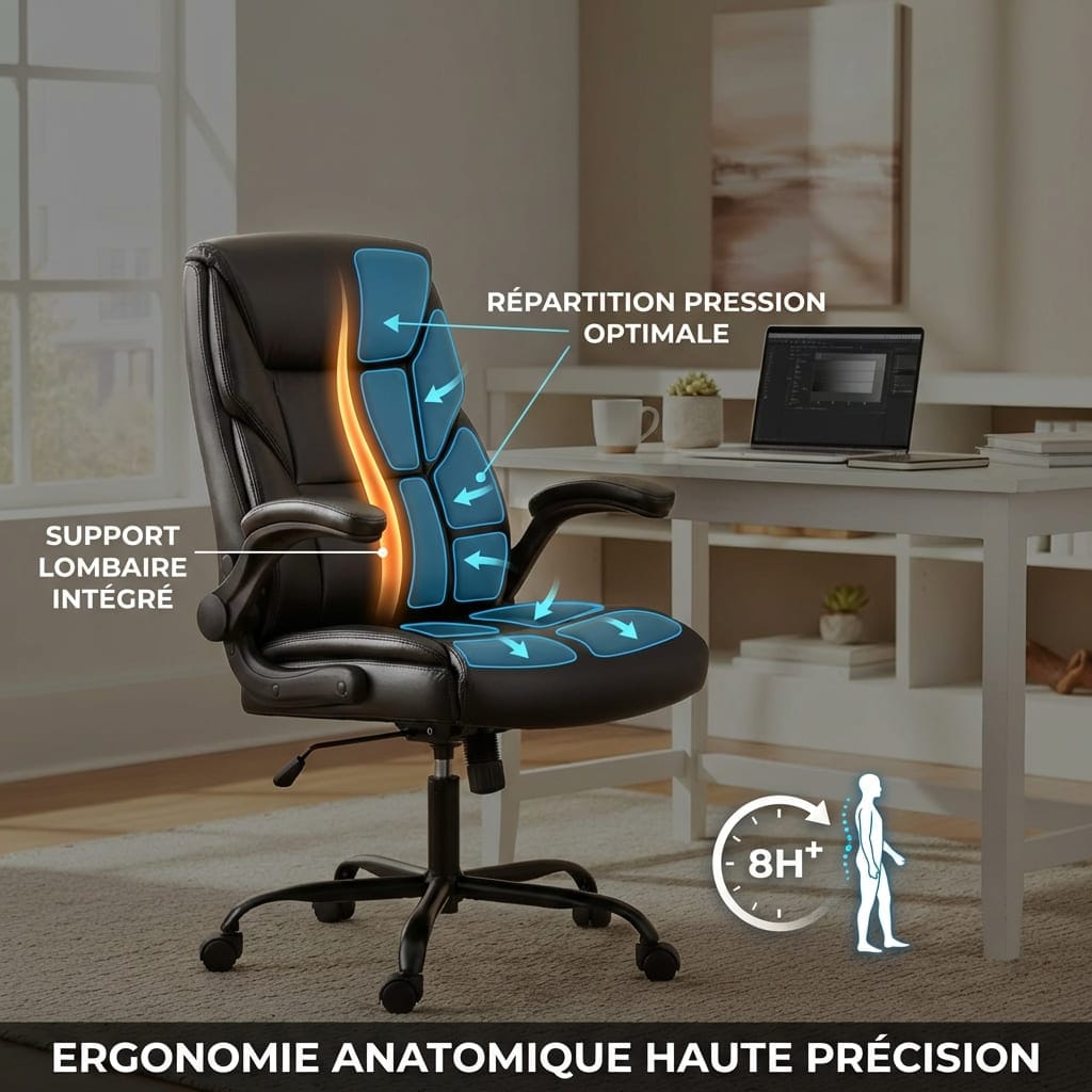 Schéma d'ergonomie anatomique d'un fauteuil de bureau exécutif montrant le support lombaire intégré et la répartition optimale de la pression pour un confort de plus de 8 heures.
