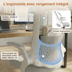 Fauteuil de bureau ergonomique gris et blanc avec un dossier en maille ventilé et respirant. Le dossier intègre une poche de rangement pratique pouvant contenir des documents, livres et stylos, illustrant la fonctionnalité "ergonomie avec rangement intégré