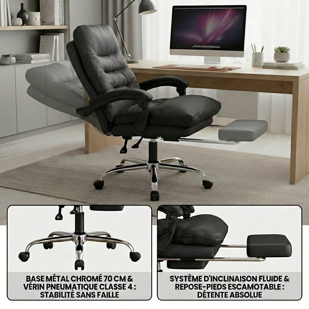 Fauteuil de bureau ergonomique noir incliné avec repose-pieds rétractable et base robuste en métal chromé.