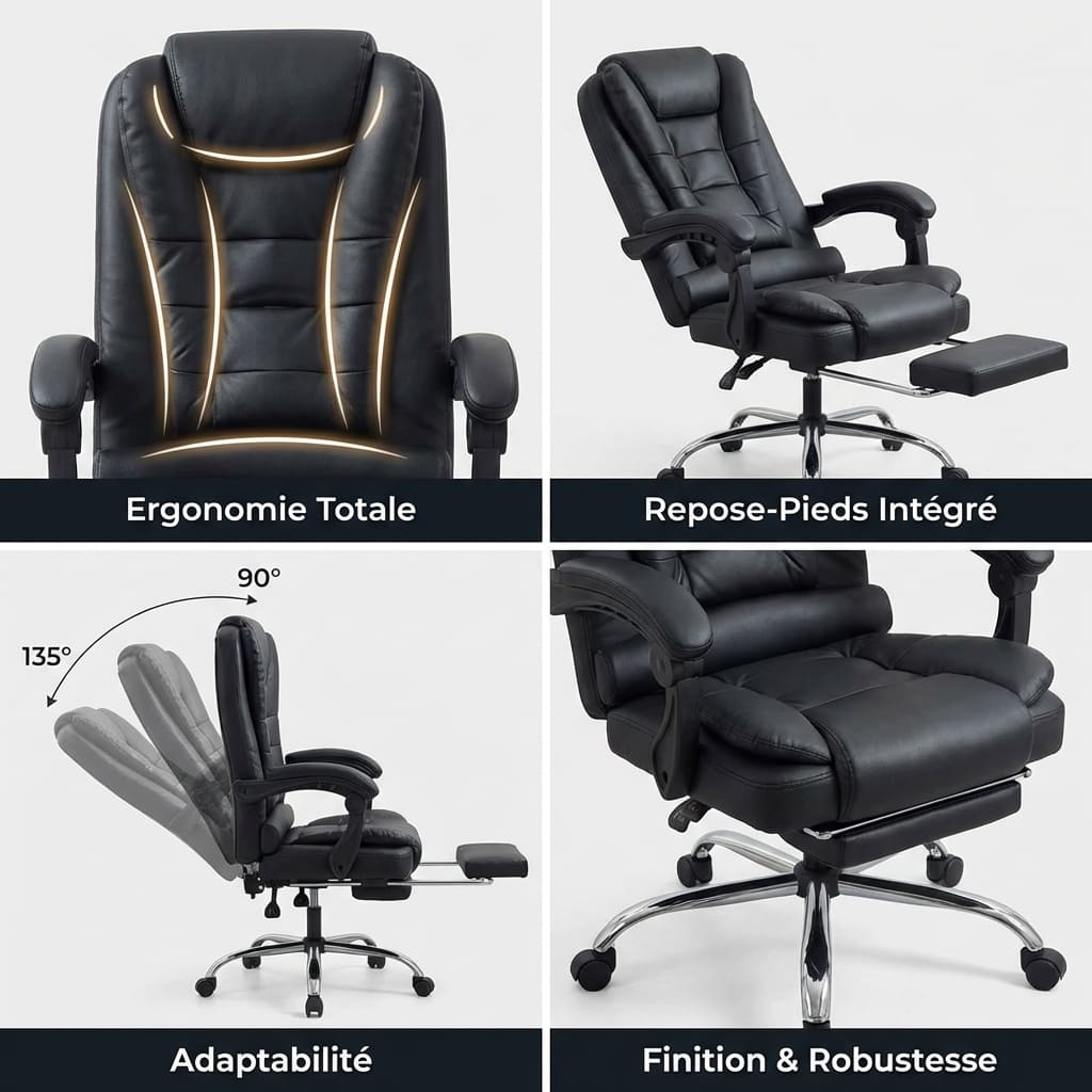 Vue d'ensemble des fonctionnalités du fauteuil de bureau ergonomique : ergonomie totale, repose-pieds intégré, dossier réglable et finition robuste en cuir PU noir.