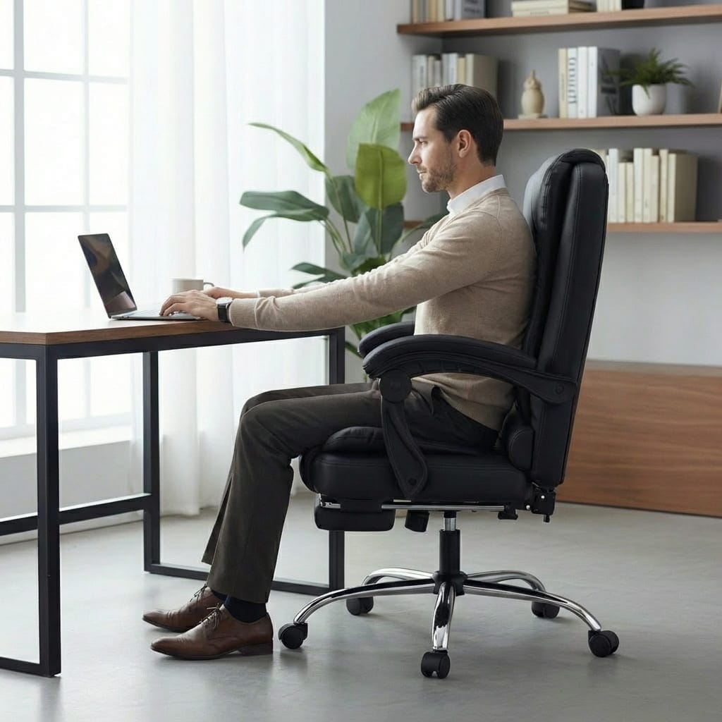 Homme assis dans un fauteuil de bureau ergonomique noir avec dossier haut et repose-pieds, travaillant sur un ordinateur portable.