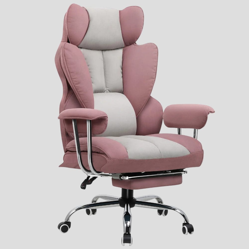 Fauteuil de bureau ergonomique bicolore en tissu rose et gris clair, design moderne et féminin, rembourrage moelleux, accoudoirs réglables, et base chromée. Idéal pour un bureau à domicile élégant.