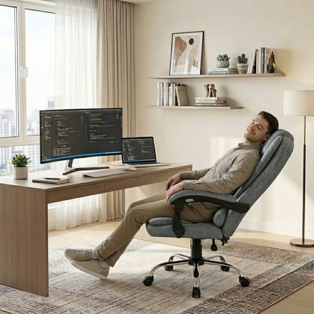 Homme souriant se relaxant dans un fauteuil de bureau ergonomique en tissu gris devant un setup de développeur avec double écran