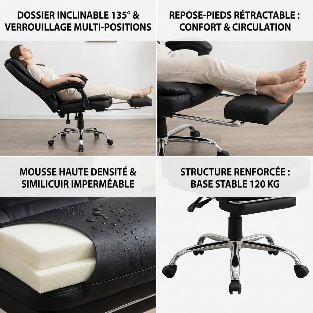 Détails techniques du fauteuil de bureau : inclinaison 135°, similicuir imperméable et structure supportant 120 kg.