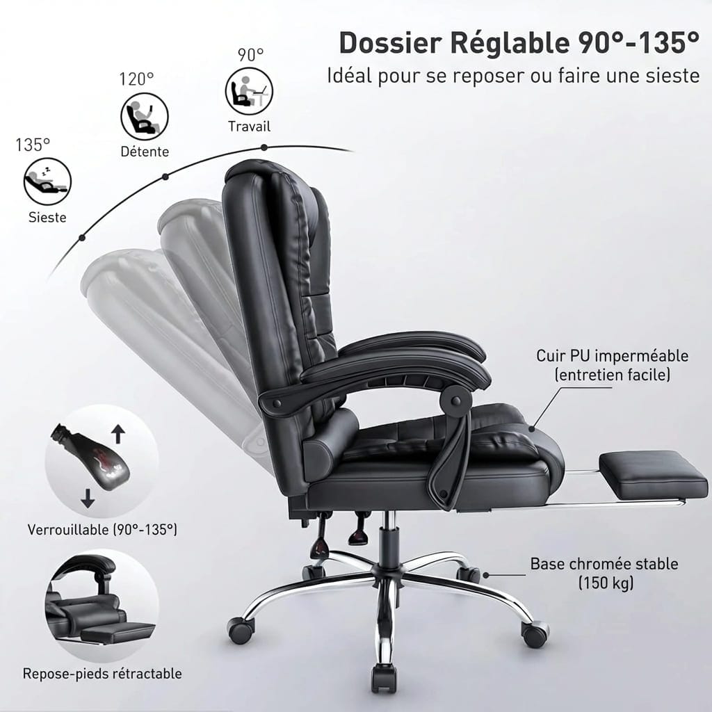 Détail de l'inclinaison du dossier de 90° à 135° pour le travail ou la sieste, avec repose-pieds rétractable et base chromée haute résistance supportant 150 kg.