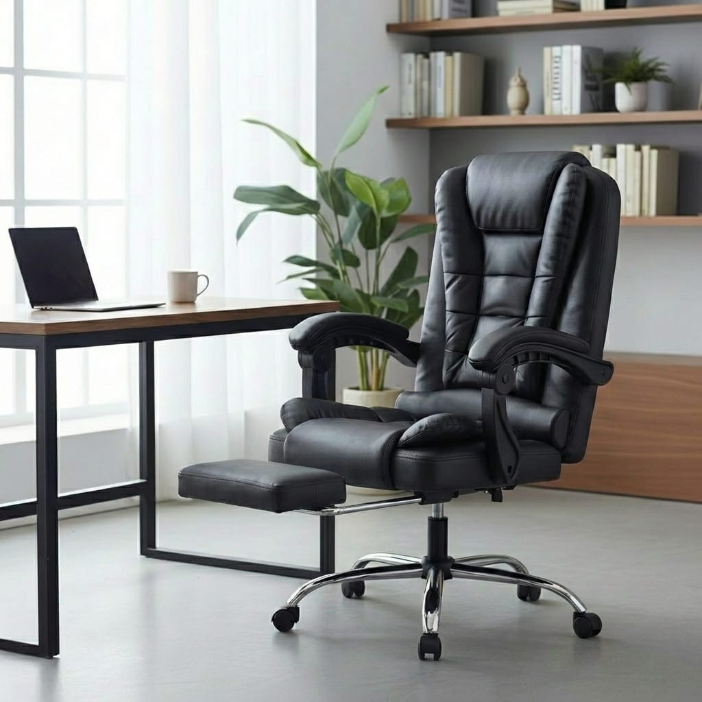 Fauteuil de bureau ergonomique à dossier haut inclinable en cuir noir avec le repose-pieds déplié dans un bureau moderne.