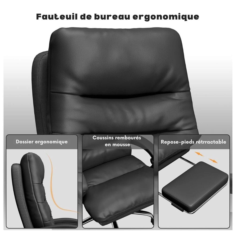 Fauteuil de Bureau Ergonomique avec Repose-Pieds Rétractable - Dossier Inclinable 135°