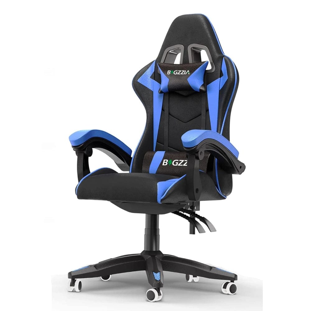 Fauteuil de bureau gaming bleu et noir avec dossier inclinable et design ergonomique type racing.
