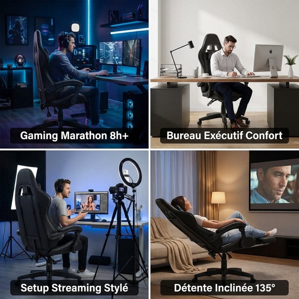 Montage de 4 situations d'utilisation du fauteuil de bureau ergonomique : gaming intensif, travail de bureau exécutif, streaming vidéo et détente inclinée à 135 en mode détente.