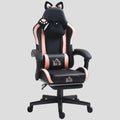 Fauteuil de bureau gaming ergonomique noir et rose avec coussin lombaire et design oreilles de chat.
