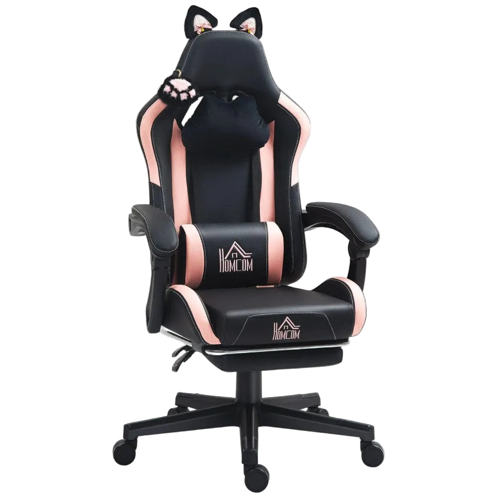Fauteuil de bureau gaming ergonomique noir et rose avec coussin lombaire et design oreilles de chat.
