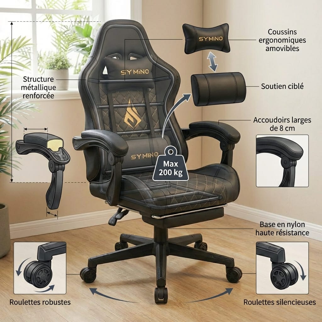 Présentation complète du fauteuil gaming SYMINO supportant 200 kg avec structure métallique renforcée, accoudoirs de 8 cm et roulettes silencieuses.