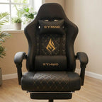 Vue de face détaillée du fauteuil gaming SYMINO avec broderies en losanges dorées et coussins de soutien lombaire.