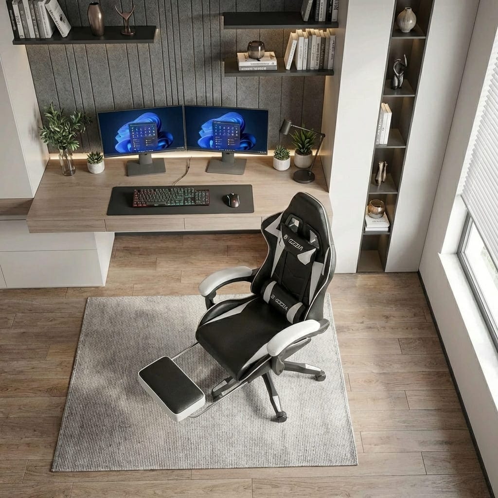 Vue de haut d'un fauteuil gaming noir et blanc avec son repose-pieds rétractable devant un bureau moderne.