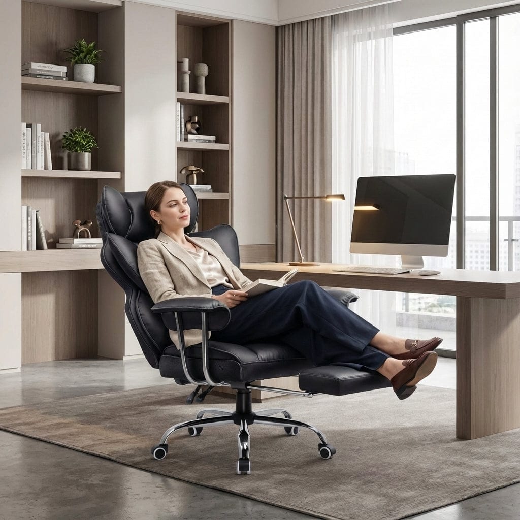 Femme en tenue professionnelle assise dans le fauteuil de bureau de direction noir, se relaxant, les pieds posés sur le repose-pieds déployé. Montre le fauteuil incliné en position de détente dans un bureau moderne.