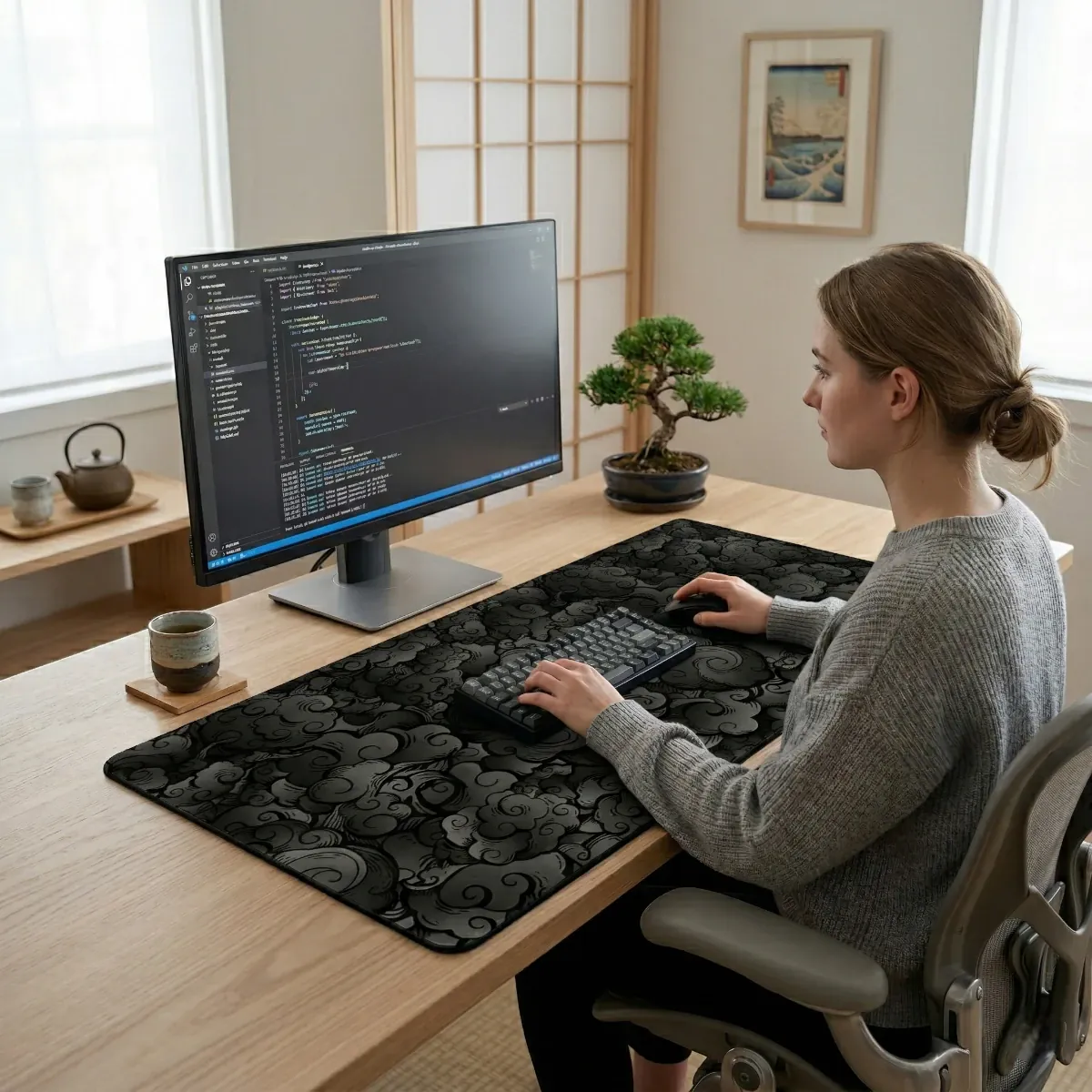 Femme assise à un bureau en bois, travaillant sur un ordinateur affichant du code, les mains sur un clavier mécanique et une souris posés sur un grand tapis de souris Kumo Kuro (Noir orage).