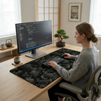 Femme assise à un bureau en bois, travaillant sur un ordinateur affichant du code, les mains sur un clavier mécanique et une souris posés sur un grand tapis de souris Kumo Kuro (Noir orage).