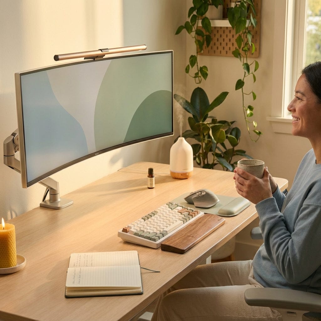Femme souriante tenant une tasse de café ou de thé, assise à un bureau de travail lumineux avec un grand écran incurvé. Le bureau est aménagé pour le bien-être avec une bougie en cire d'abeille, un diffuseur d'huiles essentielles, des plantes, et un clavier mécanique.