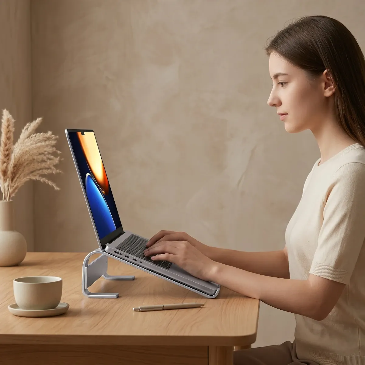 Femme travaillant avec une posture droite grâce au support ergonomique incliné dans un bureau au style Japandi.