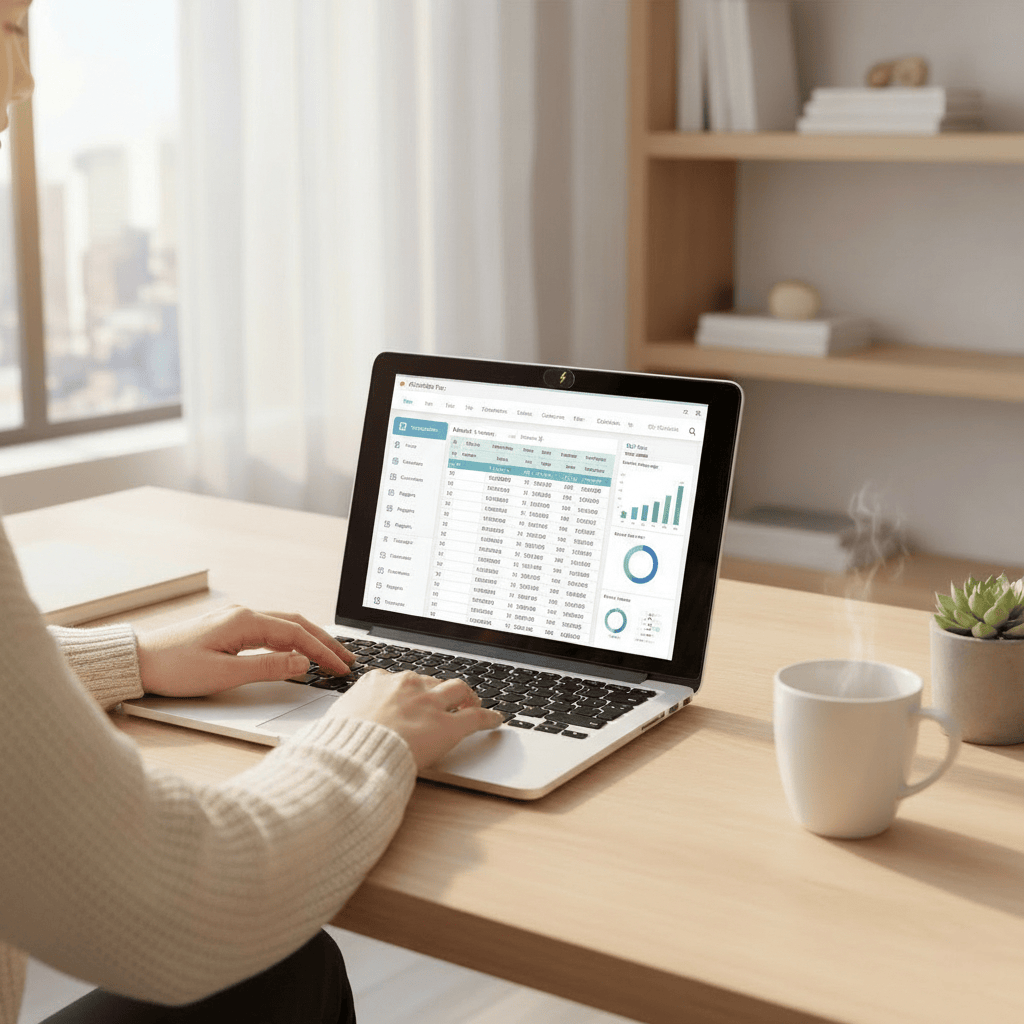 Femme en pull beige travaillant sur ordinateur portable affichant des tableaux de données et graphiques sur bureau en bois avec tasse blanche et plante succulente dans un intérieur lumineux scandinave