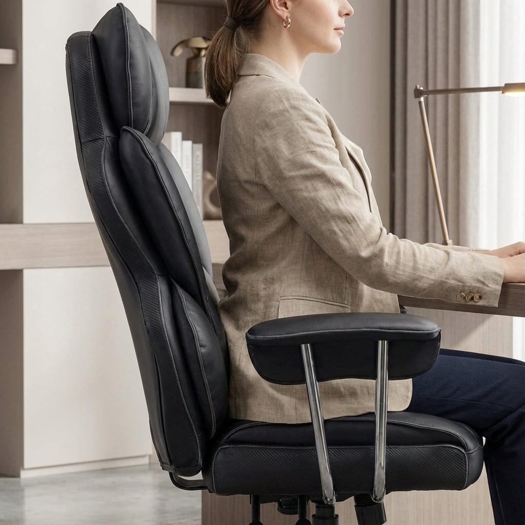 Femme en blazer clair assise à un bureau, travaillant sur un ordinateur portable, bénéficiant du soutien ergonomique du fauteuil de bureau de direction noir. Montre la hauteur du dossier et la posture de travail.