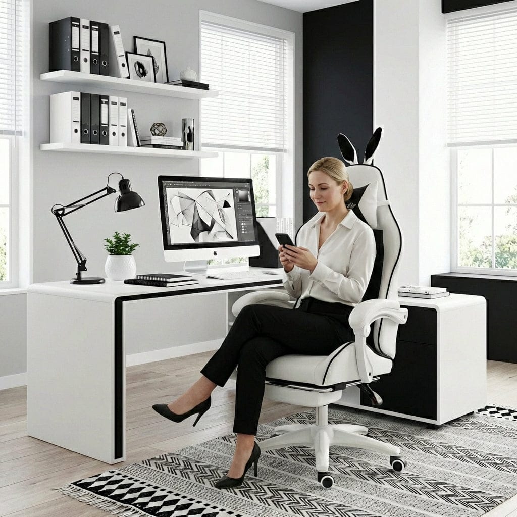 Femme utilisant un smartphone assise dans sa chaise ergonomique BunnyComfort dans un bureau moderne.