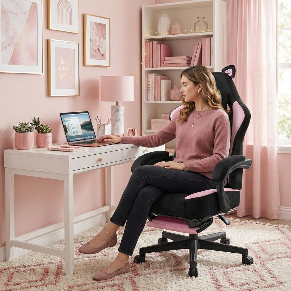 Femme utilisant un ordinateur portable assise confortablement dans la chaise Neko-Pro.