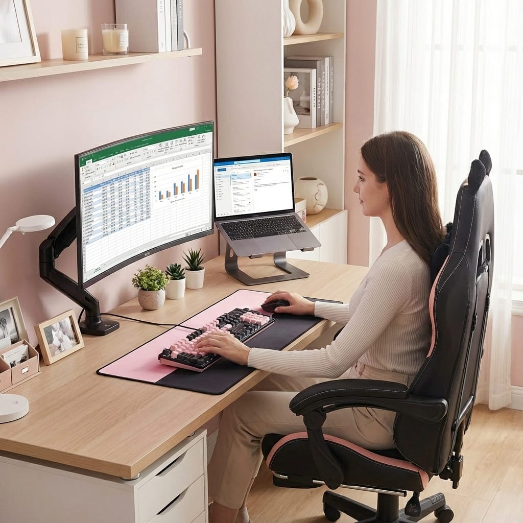 Femme utilisant la chaise de bureau ergonomique design chat en position de travail devant un ordinateur.
