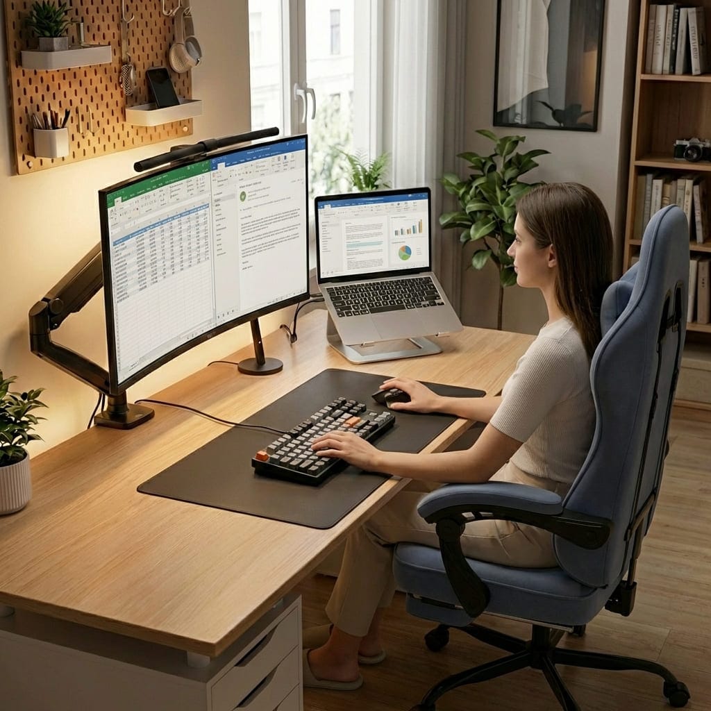 Femme travaillant sur ordinateur installée confortablement dans sa chaise SUKIDA.