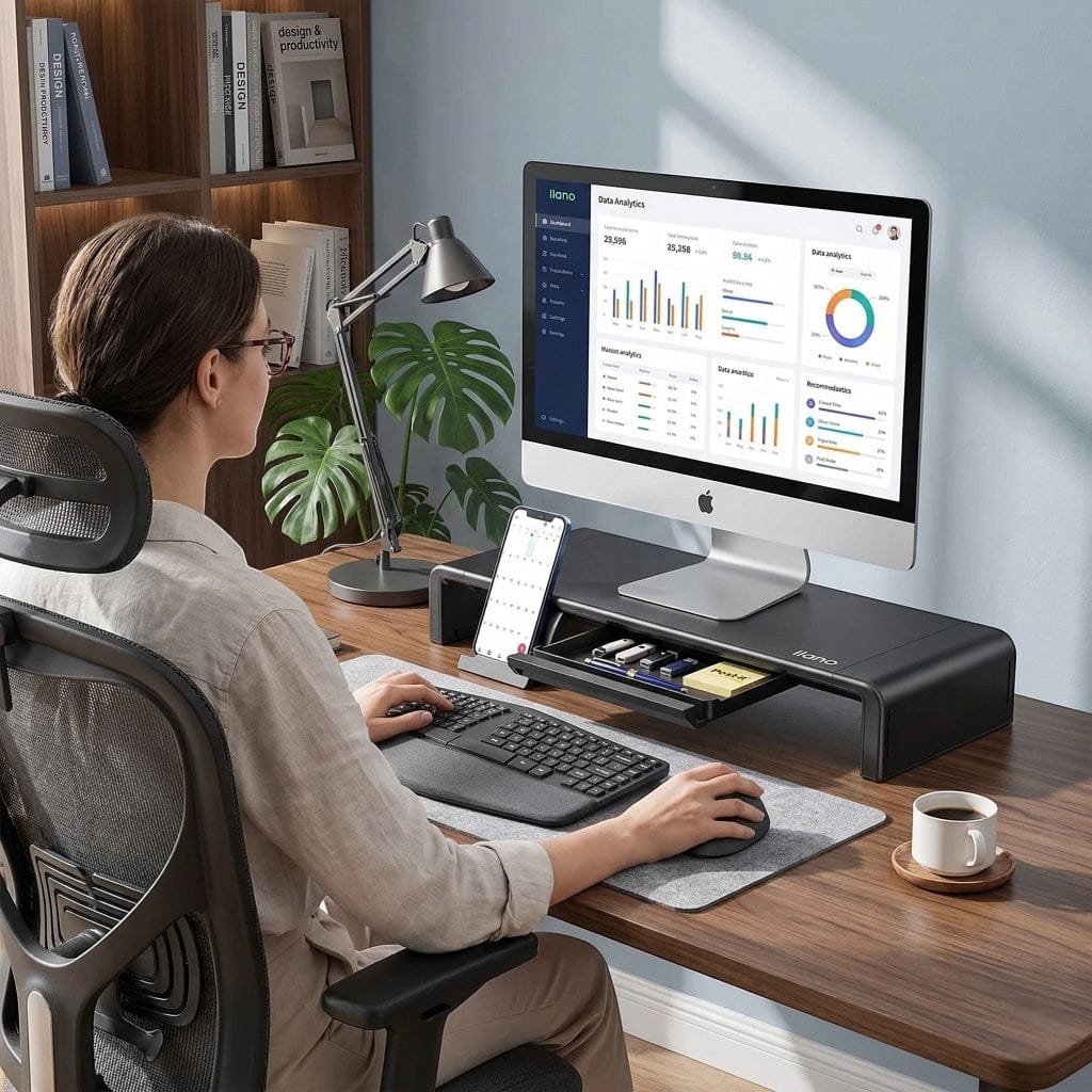 Photo d'ambiance d'une femme travaillant sur un bureau ergonomique avec un écran iMac surélevé par le support Steel-Flex.