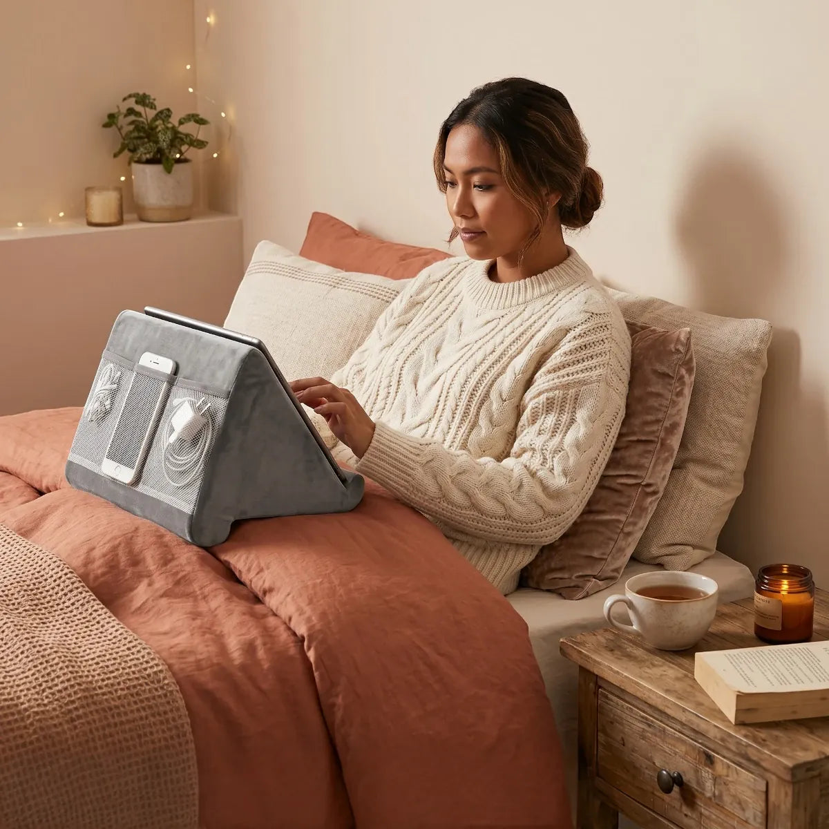 Femme naviguant confortablement avec le support de tablette ErgoNest posé sur les genoux dans un lit douillet.