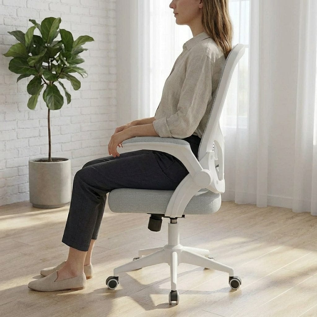 Profil d'une femme assise sur la chaise de bureau ergonomique grise, montrant le soutien dorsal.