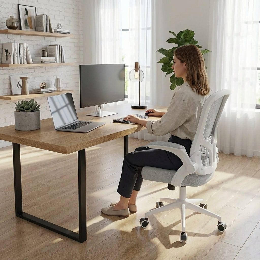 Femme travaillant à un bureau, assise confortablement sur la chaise de bureau ergonomique grise.