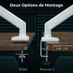 Comparatif des deux options de montage : pince en C et œillet pour bras d'écran PC.