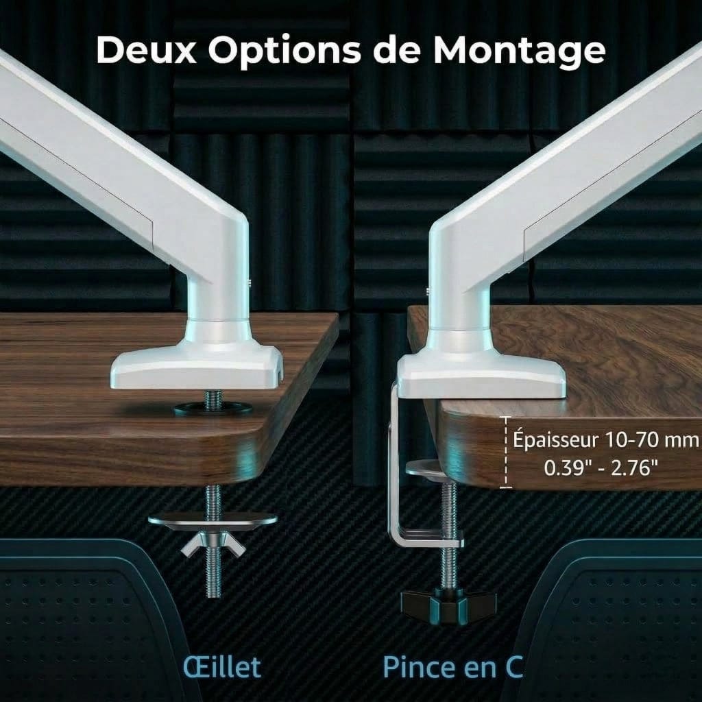 Comparatif des deux options de montage : pince en C et œillet pour bras d'écran PC.