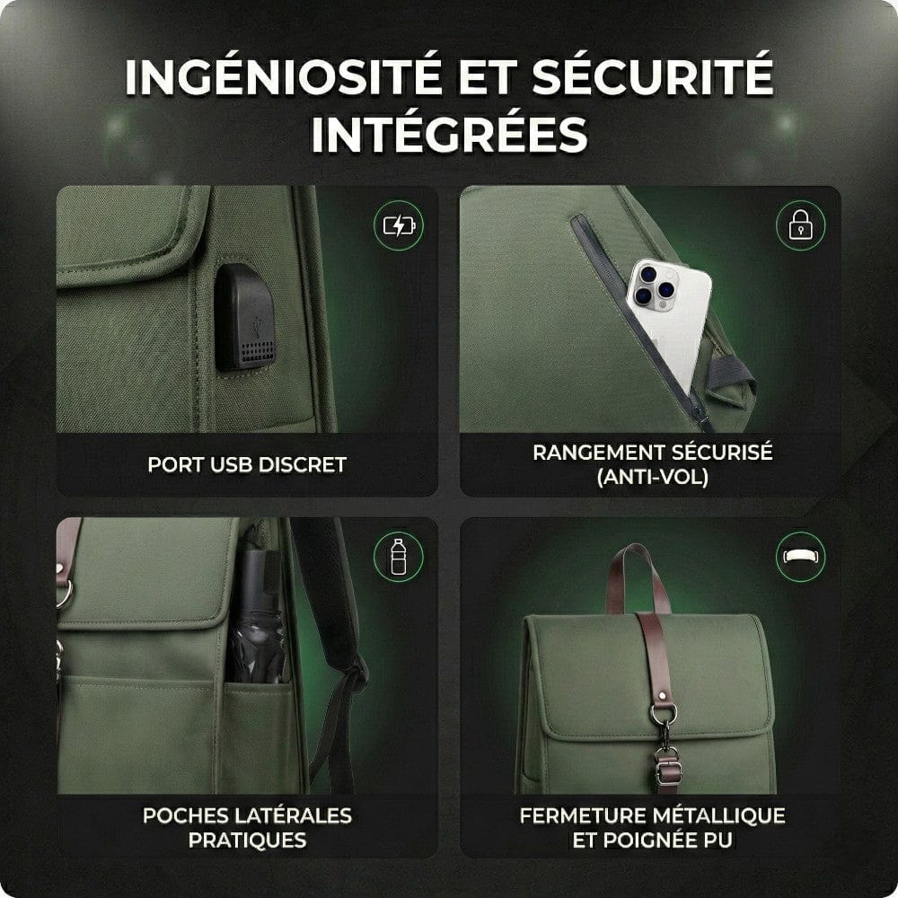 Détails du port USB, poche anti-vol et finitions du sac à dos ordinateur HK-SHAPE.