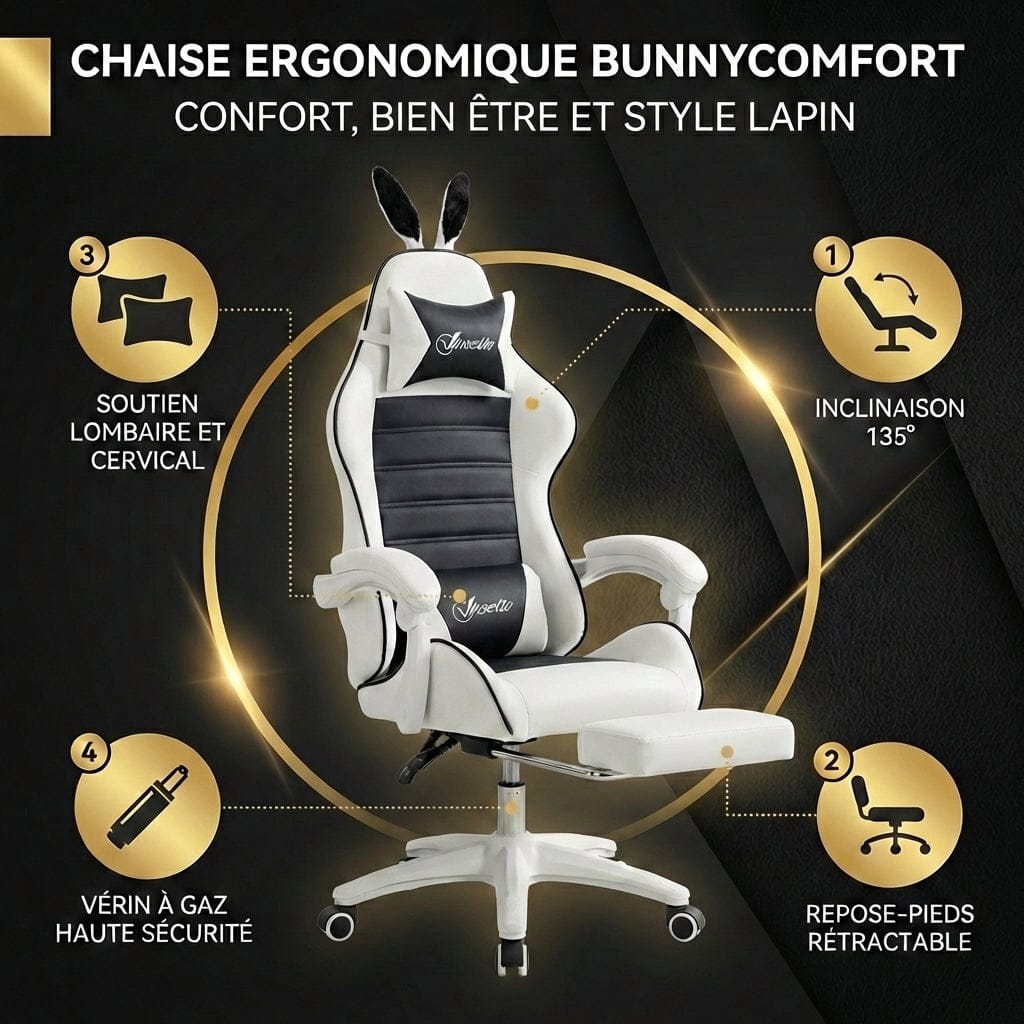 Infographie des fonctionnalités : inclinaison 135 degrés et repose-pieds de la chaise BunnyComfort.