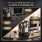 Comparatif avant et après l'utilisation de la gaine de câbles Helix Wrap montrant le gain d'organisation, de clarté et de durabilité.