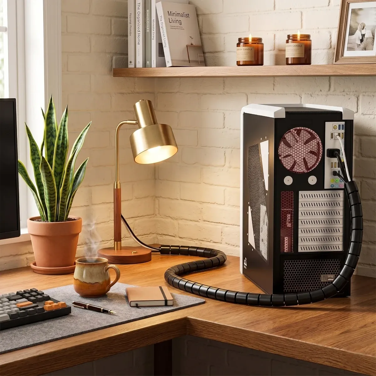 Mise en scène d'un espace de travail home office cosy utilisant la gaine de câbles Helix Wrap pour masquer les câbles du PC.