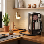 Mise en scène d'un espace de travail home office cosy utilisant la gaine de câbles Helix Wrap pour masquer les câbles du PC.