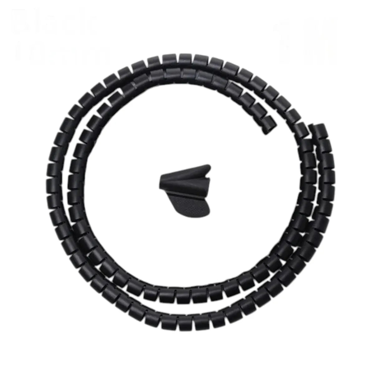 Gaine de câbles Helix Wrap noire de 10mm de diamètre et 1m de longueur avec son feed clip de guidage pour le rangement invisible de câbles.