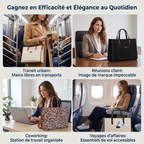 Montage de quatre situations montrant le grand sac cabas femme MISSNINE utilisé pour les transports, réunions, coworking et voyages.