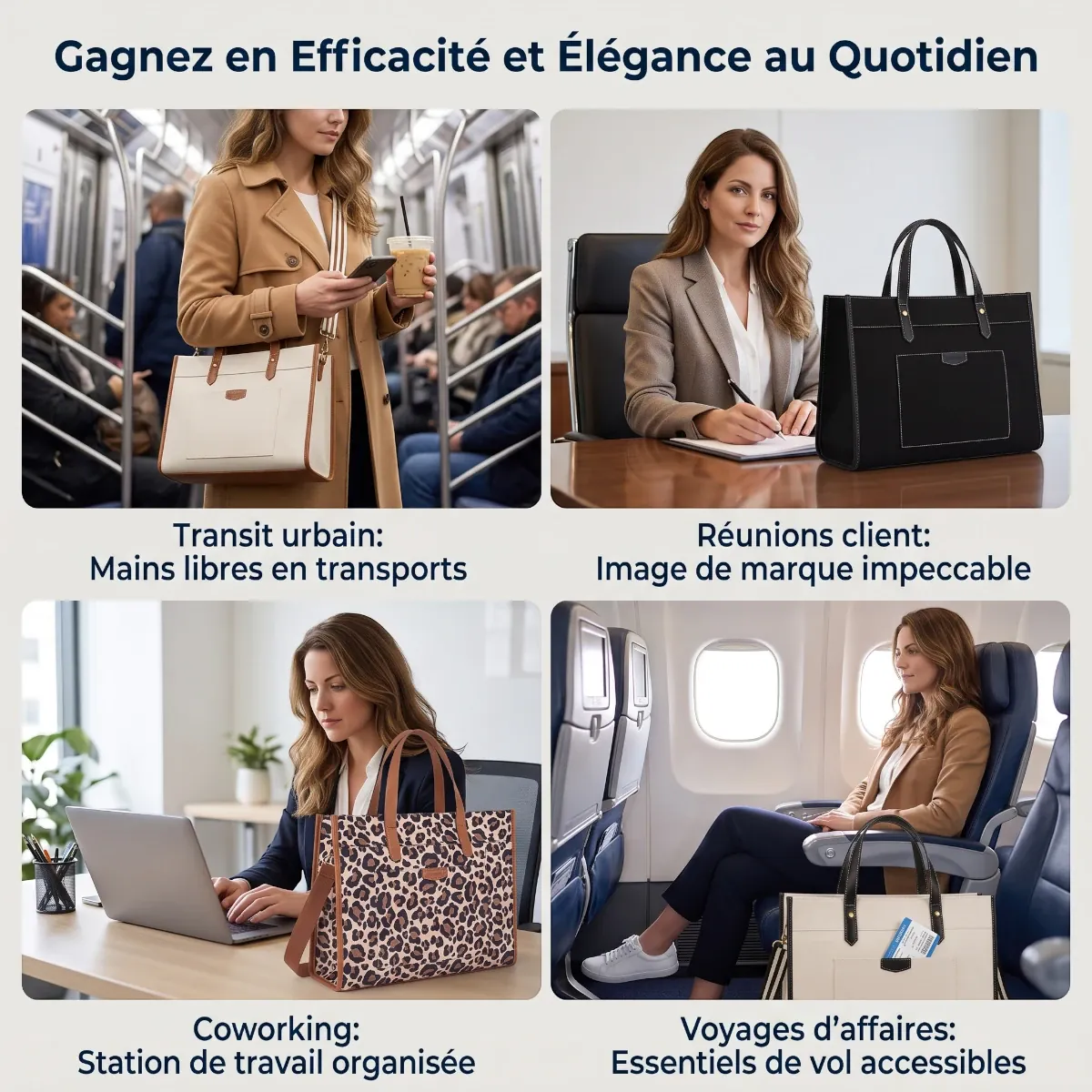 Montage de quatre situations montrant le grand sac cabas femme MISSNINE utilisé pour les transports, réunions, coworking et voyages.