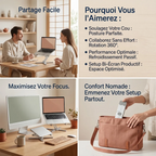 Grille de bénéfices en français pour le support PC portable Bureau Cosy dans un décor minimaliste, chaud et cosy style Japandi.