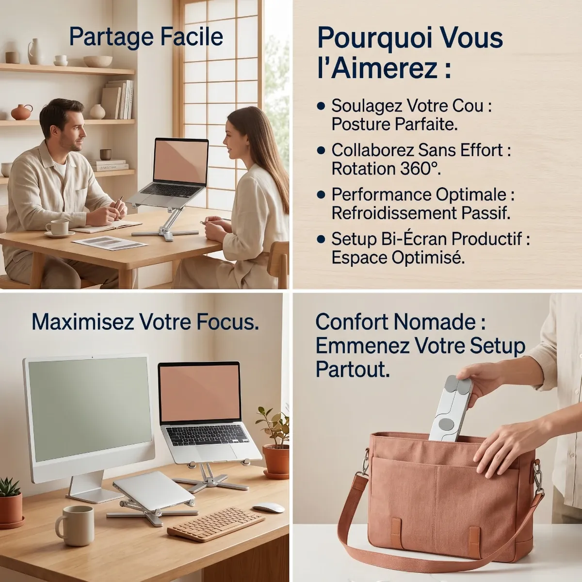 Grille de bénéfices en français pour le support PC portable Bureau Cosy dans un décor minimaliste, chaud et cosy style Japandi.