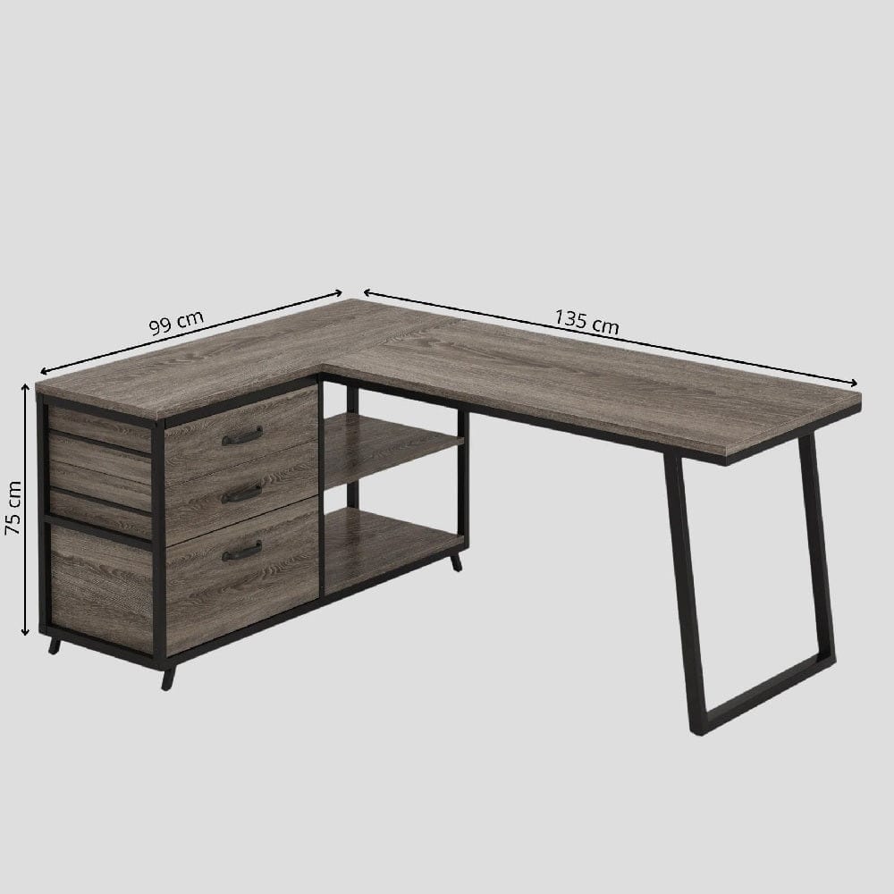 Gris Bureau d'Angle en L avec 3 Tiroirs et Étagères - Station de Travail Industrielle 135 cm