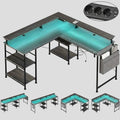 Gris Bureau d'Angle Modulable avec LED RGB et Multiprise Intégrée - Configuration Gaming et Télétravail