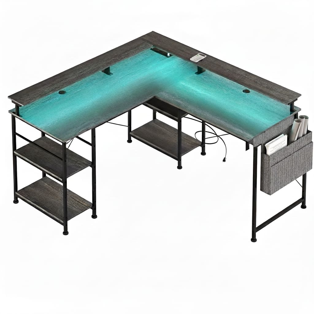 Gris Bureau d'Angle Modulable avec LED RGB et Multiprise Intégrée - Configuration Gaming et Télétravail