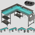 Gris Bureau d'Angle Modulable avec LED RGB et Multiprise Intégrée - Configuration Gaming et Télétravail