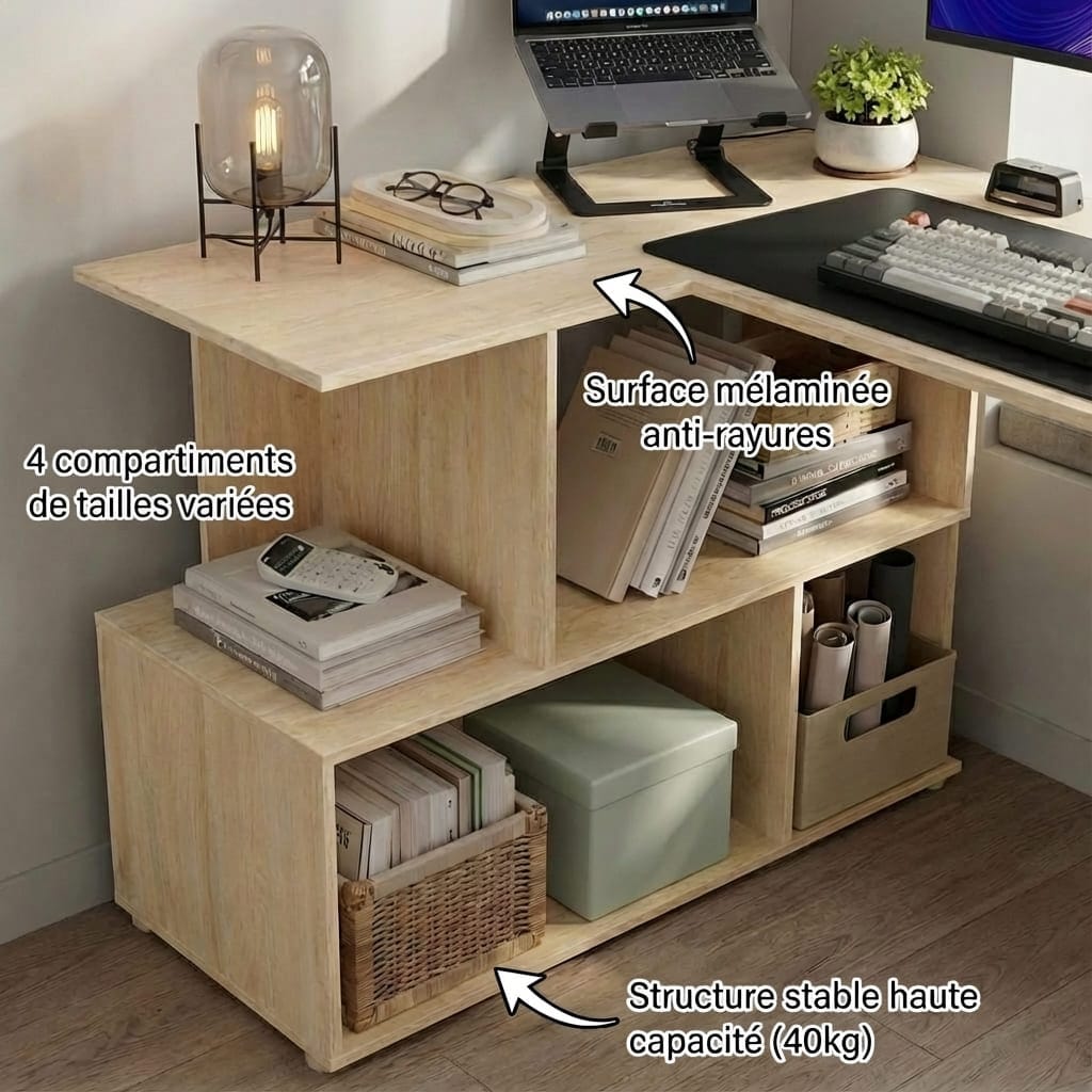 Gros plan sur les rangements intégrés du bureau d'angle, mettant en avant les quatre compartiments de tailles variées, la surface mélaminée anti-rayures et la structure stable supportant 40kg.